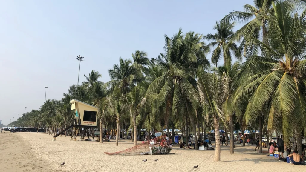 Daytime view of Bang Saen Beach with sand, sea and a palm-lined promenade