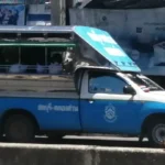 Chonburi songthaew example parked on a street. This image does not confirm a Bangsaen route.